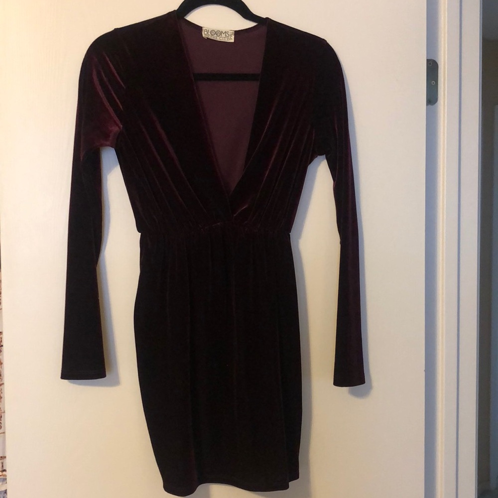 Red velvet v neck, long sleeve dress